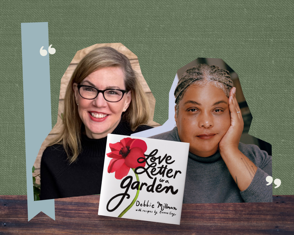 A collage of headshots of Debbie Millman and Roxane Gay and the cover of their book