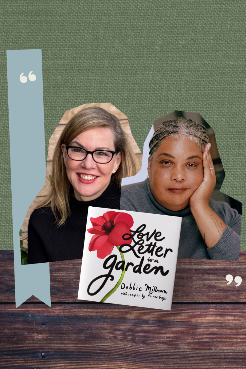 A collage of headshots of Debbie Millman and Roxane Gay and the cover of their book