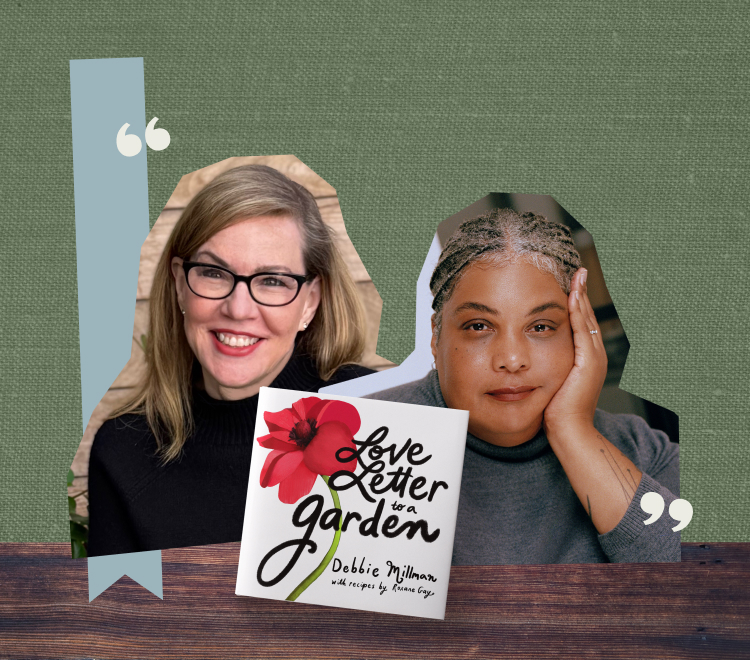 A collage of headshots of Debbie Millman and Roxane Gay and the cover of their book 