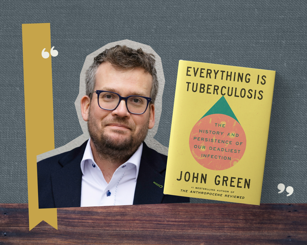 A collage of a headshot of John Green and the cover of his book 