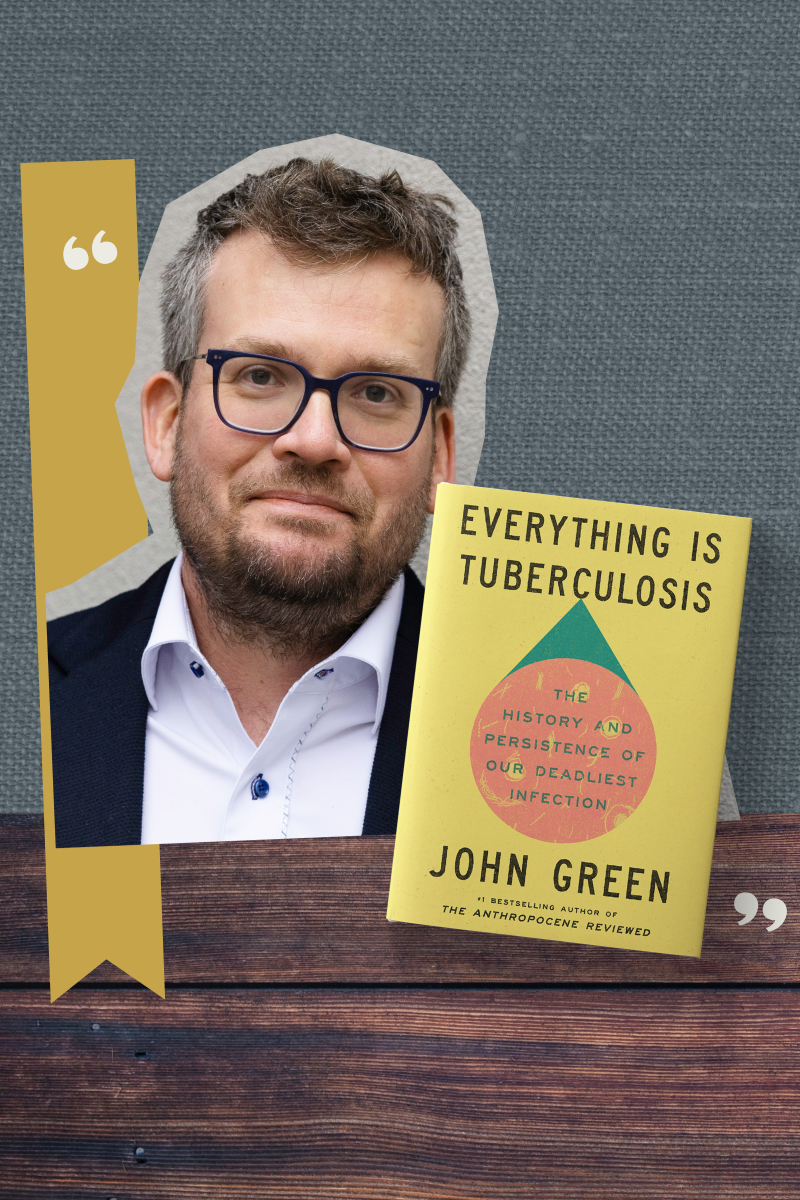 A collage of a headshot of John Green and the cover of his book 