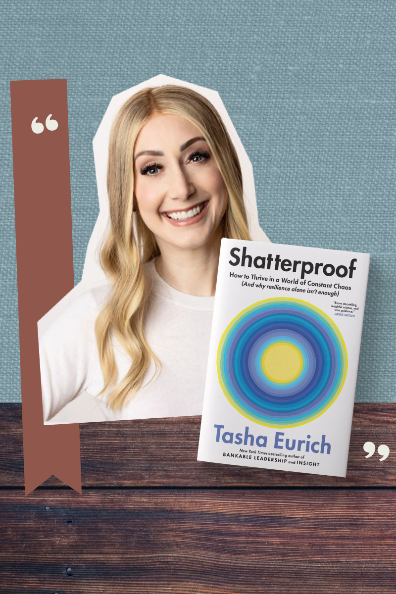 A collage featuring a headshot of Dr. Tasha Eurich and the cover of her book 