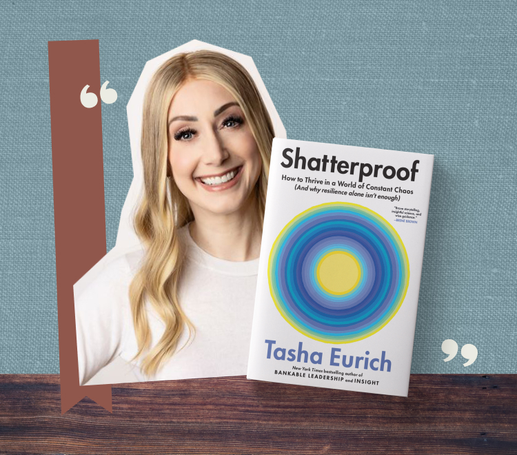 A collage featuring a headshot of Dr. Tasha Eurich and the cover of her book 