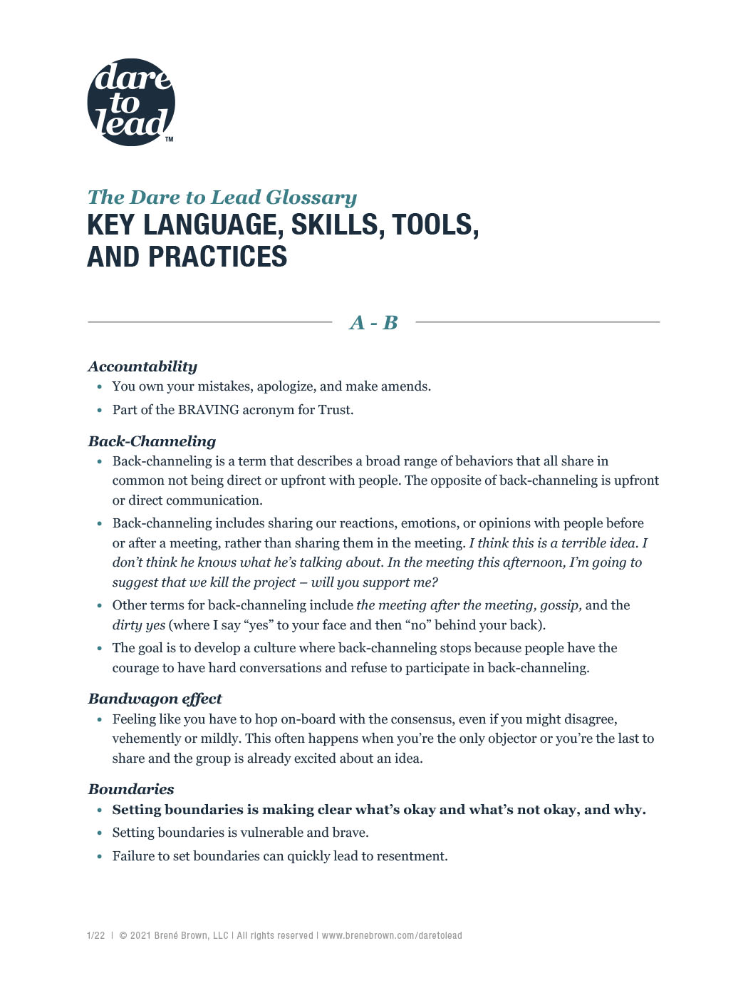 Dare to Lead Glossary of Key Language Skills, Tools, and Practices